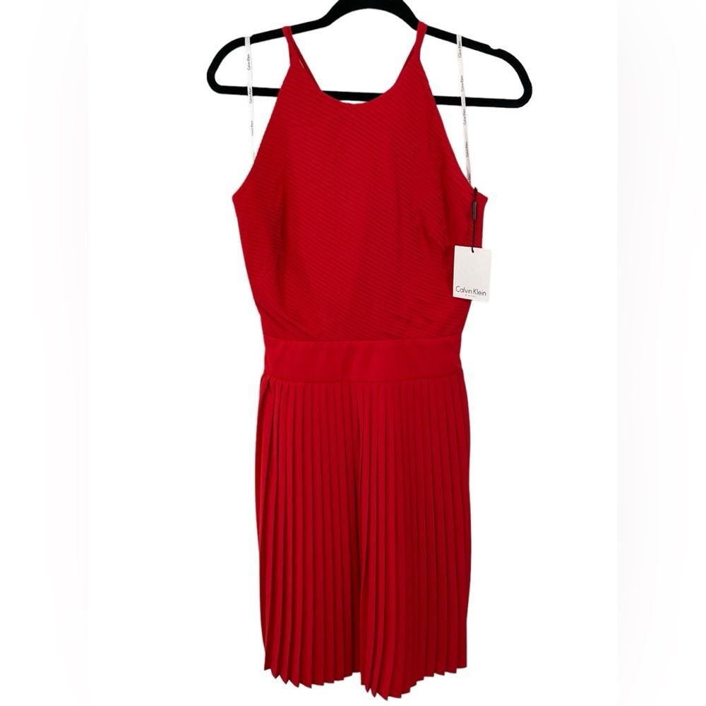 NWT Calvin Klein Pleated Halter Dress in Poppy Red Size 6 Criss Cross‎ Back